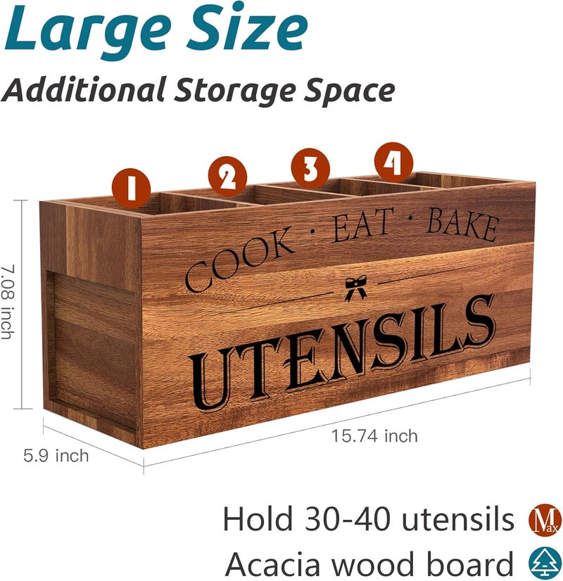 Suli Acacia Wood Utensil Holder for Kitchen Counter,Extra Large Utensils Holder with 4 Compartments,Caddy Organizer for Countertop, Farmhouse Kitchen Decor, Rustic Cooking Utensil - Image 2